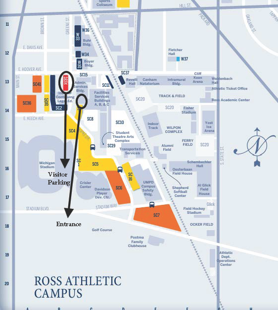 Map showing location of the Facilities Service Center in the FSB-A building. An arrow calls out the entrance at the back of lot SC3 off Kipke Drive and another arrow points to visitor parking lot SC32 on the corner of Hoover and Greene.